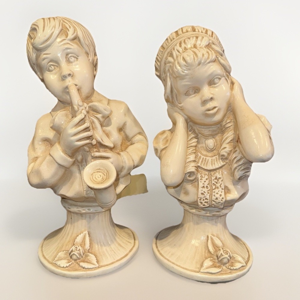Vintage 1971 Universal Statuary Corp J Kendrick Boy Girl Chalkware Bust Set